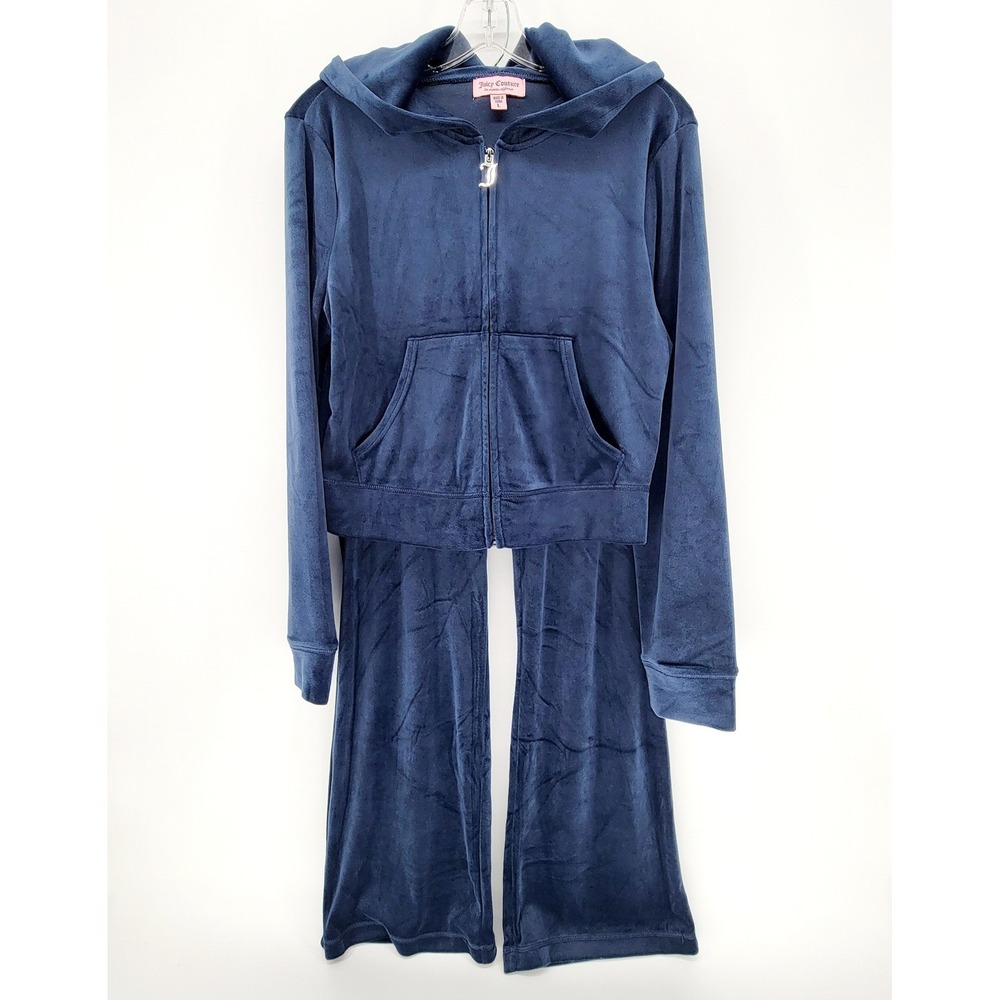 Juicy Couture Navy Blue Velour Tracksuit Rhinestone Logo Zip Hoodie Pants Set L